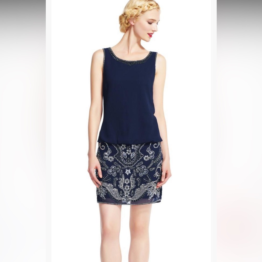 Adrianna Papell Navy Blue Bateau Neckline Embellished Floral Sleeveless Dress 10